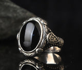 Vintage Silver Color Handmade Engraving Pattern Men's Ring Metal Inlaid Black Zircon Gothic Punk Ring 2021 Trendy Jewelry daiiibabyyy