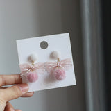 Korean Cute Pink Fluffy Pom pom Hairball Dangle Earrings Geometric Sweet Bowknot Party Drop Earrings For Women Jewelry oorbellen daiiibabyyy
