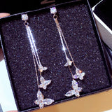 Hot Sale  Transparent Crystal Butterfly Tassel Earring Charm Bling Zircon Long Style Butterfly Stud Earring Wedding Jewelry daiiibabyyy
