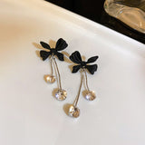 Trendy Korean Black Bow Long Chain Crystal Dangle Earrings Ladies Fashion Temperament Jewelry For Women Party Drop Earring Gift daiiibabyyy