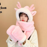 Winter Women Riding Windshield Cute Warm Antler Hat Women Winter Gloves Plush Scarf One-piece Warm Three-piece Set Outdoor daiiibabyyy