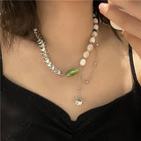 French Fashion Design Green Glazed Stone Inlaid Zircon Pendant Necklace Female Personality Punk Keel Clavicle Sweater Chain daiiibabyyy