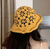 Daiiibabyyy Hollow Hook Flower Spring and Autumn  Fisherman Hat Female Korean Version of the Wild Sunscreen Ultraviolet Sun Hat Cover Face