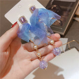 2022 Korean Fashion Blue Chiffon Bow-knot Charm Drop Earring Wedding Jewelry For Women Chic Imitation Pearl Long Dangle brincos daiiibabyyy