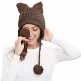 Women Hats Knit Braided Cat Ears Hat Handmade Knitting Crochet Warmer Beanie Winter Cap Accessories Bonnets for Women Designer daiiibabyyy