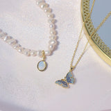 Romantic Cute Imitation Pearl Short Necklace Choker Temperament Micro Inlaid Zirconia Blue Butterfly Necklaces Charm Collier daiiibabyyy