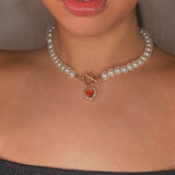 17KM Vintage Pearl Necklace For Women Retro Red Crystal Heart Pendant Pearl Choker Necklaces Gifts Jewelry daiiibabyyy
