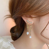 2021 Fashion Imitation Pearl Rhinestone Tassel Chain Dangle Earrings Girls Party Jewelry Gift Fine Trendy Drop Earring For Women daiiibabyyy