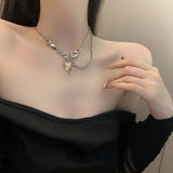 2022  Fashion Exaggerated Transparent Champagne Crystal Heart Pendant Necklace for Women Shiny Rhinestone Chain Clavicle
