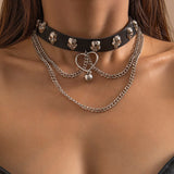 Punk Exaggerate Skull Black PU Leather Collar Chokers Hip hop Silver Color Tassel Chain Pendant Necklaces Femme Bijoux For Women daiiibabyyy
