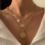 Goth Baroque Pearl Coin Portrait Pendant Necklace for Women Vintage Multi Layer Link Chain Necklace Punk Aesthetic Jewelry 2022 daiiibabyyy
