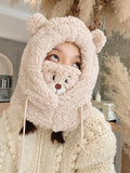 Women Cute Small Bear Hat All-match with Mask Bear Hat Female Winter Thick Plush Bib Biking Earmuffs Hats for Women Fashion daiiibabyyy