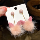 Korean Fashion Cute Cat Ear Pompom Ball Dangle Earrings for women New Trendy Mink Fluffy Ball Long Charm Drop Earrings Jewelry daiiibabyyy