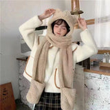 Cute Bear Ear Hat Scarf Gloves Set Winter Women Novelty Caps Warm Casual Plush Hats Casual Solid Fleece Girl Kawaii Accessories daiiibabyyy