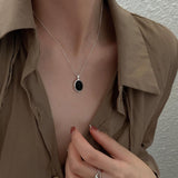 Minimalist Black Oval Onyx Luster Pendant Necklace For Women Girl Trendy Clavicle Chain Link Chain Simple Neck Jewelry Gift daiiibabyyy