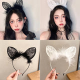 New Sexy White Black Head Bezel Hairy Feather Lace Cat Ears Cute Hair Band Solid Color Headdress Girls Women Hair Accessories daiiibabyyy