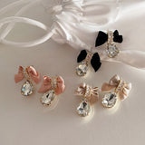 MENGJIQIAO Korean Fashion Velvet Bowknot Drop Earrings For Women Girls Elegant Waterdrop Crystal Pendientes Party Jewelry daiiibabyyy