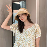 Summer New Women's Sun Hat Bucket cap Ribbon Flat top Straw Hats Beach Caps Panama Women Sun Hat Large Brim Straw Outdoor Hat daiiibabyyy