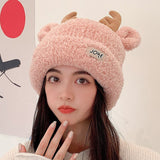 Women Autumn and Winter Cute Warm Hat Winter Antlers Lamb Fur Hat Funny JOKE Logo Hat Women Padded Hedging Hat daiiibabyyy
