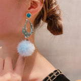 Fashion Simple Khaki Blue Fluffy Hairball Korean Drop Earrings For Women Retro Resin Hollow Geometric Pom pom Dangle Earring daiiibabyyy