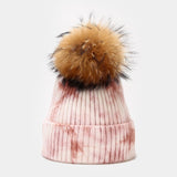 Wool Beanies Women Real Fur Pom Poms Fashion Knitted Hat Girls Tie dye Color Female Beanie Cap Pompom Winter Hats for Women daiiibabyyy