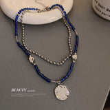 2022 New Fashion Double Layer Blue Beaded Chain Necklaces Irregular Metal Round Card Pendant Necklace For Women Party Jewelry daiiibabyyy