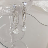 MENGJIQIAO Korean Fashion Rhinestone Siver Color Hollow Square Drop Earrings For Women Girls Waterdrop Crystal Oorbellen Jewelry daiiibabyyy