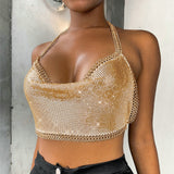 Lacteo Sexy Shiny Rhinestone Bikini Body Chain Jewelry for Women Deep V Crop Top Alloy Underwear Belly Chain Cage Chest Bra Gift daiiibabyyy