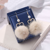 Korean New Fashion Mink Fluffy Pom pom Hairball Imitation Pearl Long Dangle Earrings For Women Trendy Party Jewelry aretes mujer daiiibabyyy