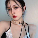 Daiiibabyyy Women Pearl Bow Necklace for Wedding Elegant Girl Female Collar Velvet Bow Streamer Choker Necklace Fashion Jewelry