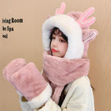 Winter Women Riding Windshield Cute Warm Antler Hat Women Winter Gloves Plush Scarf One-piece Warm Three-piece Set Outdoor daiiibabyyy