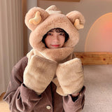 Women Winter Fashion Thickening Warm Plush Scarf Natural Rabbit Fur Bear Ears Hat Outdoor Skiing Integrated Hooded Scarf daiiibabyyy