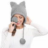 Women Hats Knit Braided Cat Ears Hat Handmade Knitting Crochet Warmer Beanie Winter Cap Accessories Bonnets for Women Designer daiiibabyyy
