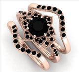 3pcs/set Pretty Women Rose Gold Filling Inlaid Black Stone Zircon Wedding Rings Set Women Bridal Engagement Fashion Jewelry daiiibabyyy