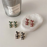 FFLACELL Korean New Fashion Dripping Oil Checkerboard Pattern Bear Earrings For Women Girls Personality Trend Party Jewelry Gift