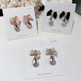 MENGJIQIAO Korean Fashion Velvet Bowknot Drop Earrings For Women Girls Elegant Waterdrop Crystal Pendientes Party Jewelry daiiibabyyy