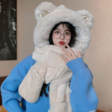 Women Winter Fashion Thickening Warm Plush Scarf Natural Rabbit Fur Bear Ears Hat Outdoor Skiing Integrated Hooded Scarf daiiibabyyy