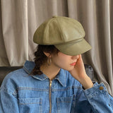 Avocado green Winter Octagonal Cap Women Beret Hats For Girls Newsboy Hats Female British style PU Leather Berets Hat for Street daiiibabyyy