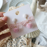 Korean Cute Pink Fluffy Pom pom Hairball Dangle Earrings Geometric Sweet Bowknot Party Drop Earrings For Women Jewelry oorbellen daiiibabyyy