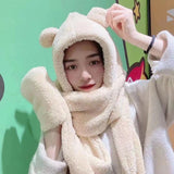 Cute Bear Ear Hat Scarf Gloves Set Winter Women Novelty Caps Warm Casual Plush Hats Casual Solid Fleece Girl Kawaii Accessories daiiibabyyy