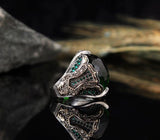 Luxury Men's Fashion Silver Color Round Green Stone Handmade Men's Ring Vintage Engraving Pattern Punk Ring Party Jewelry Gift daiiibabyyy