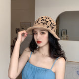 Daiiibabyyy Hollow Hook Flower Spring and Autumn  Fisherman Hat Female Korean Version of the Wild Sunscreen Ultraviolet Sun Hat Cover Face
