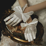 Women's Summer Thin Short Satin Elastic Etiquette Dress Gloves Elegant Pearl Lace Bow UV Sunscreen Cycling Driving Mittens daiiibabyyy