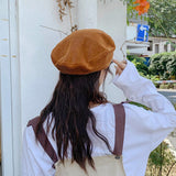 Harajuku Corduroy Beret Hats Women Girl's Vintage Artist Painter Hat Winter Autumn Embroidery K Wool Octagonal cap adjust daiiibabyyy