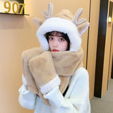 Winter Women Riding Windshield Cute Warm Antler Hat Women Winter Gloves Plush Scarf One-piece Warm Three-piece Set Outdoor daiiibabyyy