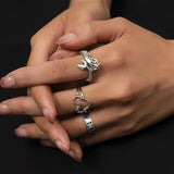 Daiiibabyyy Steampunk Rings Set Flame Heart Opening Gothic Vintage Finger Ring For Women Mens Hip Hop Party Punk Jewelry