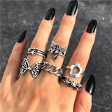 17KM Retro Silver Color Flower Butterfly Skull Rings Set For Women Men Punk Hiphop Animal Angel Wings Finger Rings Gift Jewelry daiiibabyyy