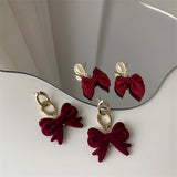 FFLACELL French Vintage Plush Fabric Red Bow Stud Earrings Personality Simple All-match Party Jewelry For Women Girls daiiibabyyy