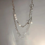 FFLACELL Punk Hip Hop French Multilayer Metal Chain Necklace Pearl Clavicle Chain Silver Color Rose Pendant for Women daiiibabyyy