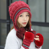 Women's Winter Hats With gloves Fur Hats Pom Poms Ball Beanie Caps Knitting Thick Skullies Female Cap Gorros with Gloves daiiibabyyy